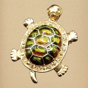 Vintage Gold-Tone Green Enamel Turtle Brooch Pin With Rhinestones